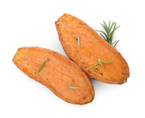 Halves of tasty cooked sweet potato and rosemary isolated on white, top view