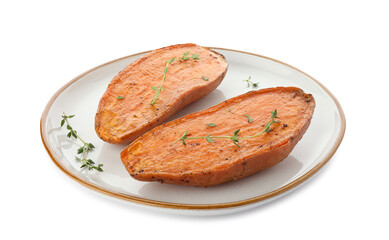 Halves of tasty cooked sweet potato with thyme isolated on white