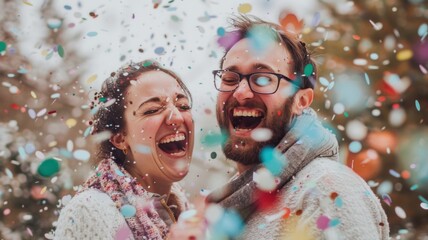 Happy couple celebrating the gender reveal with confetti outdoors