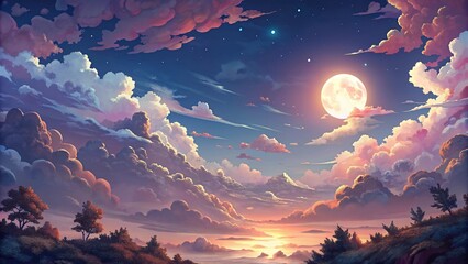 Moonlit night sky with clouds: a dramatic and aesthetic anime illustration
