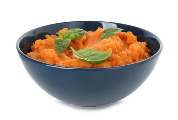 Tasty mashed sweet potato with basil in bowl isolated on white