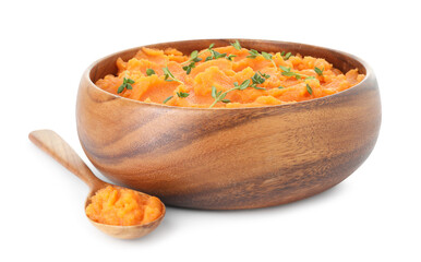 Tasty mashed sweet potato with thyme in bowl and spoon isolated on white