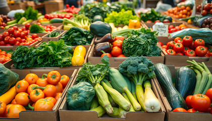 Fresh vegetables in cardboard boxes on market isolated with white highlights, png