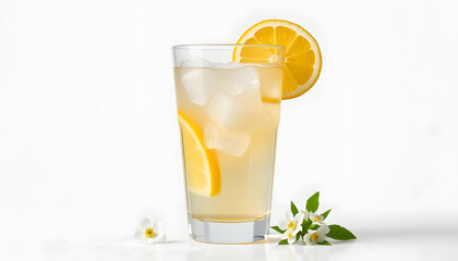Fototapeta premium Homemade elderflower drink with sugar and lemon in a glass, light background isolated with white highlights, png