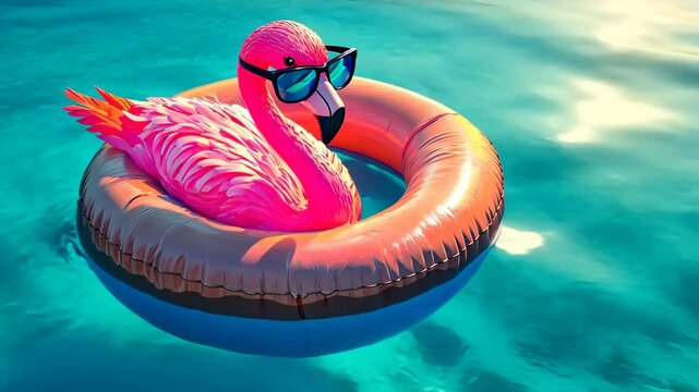 A pink flamingo float with sunglasses rests in a pool of clear turquoise water