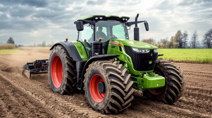 Obraz premium Green Tractor Plowing Field With Disc Harrow Under Cloudy Sky - Modern Agricultural Machinery