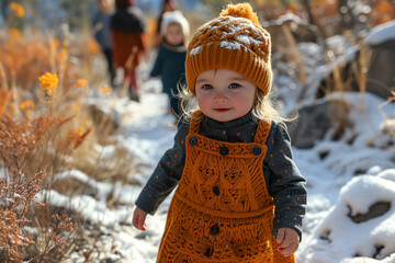 Cute charming little girl in an orange hat and a warm knitted sundress on a walk in winter, online store of warm children's things, taking care of children