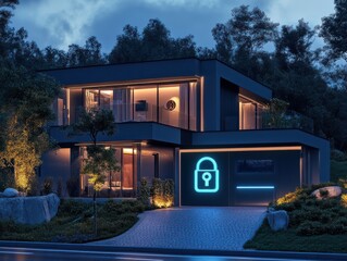 Modern smart home at night is being protected by a security system with a digital padlock icon