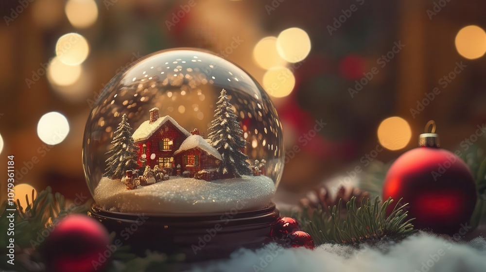 Wall mural Holiday-themed snow globe with vibrant scene, soft lighting, cozy holiday setup