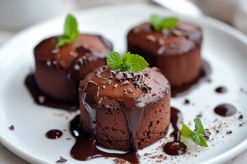 National Chocolate Souffl&eacute; Day chocolate souffl&eacute; on a small plate with a drizzle of chocolate sauce and garnished with a mint sprig