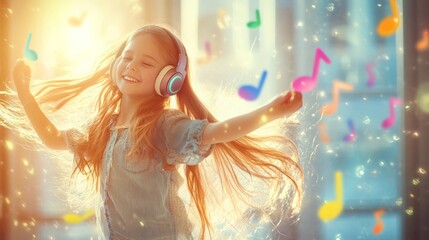 Naklejka premium A joyful girl dances with headphones, surrounded by colorful music notes and warm sunlight, capturing a moment of pure happiness.