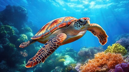 Obraz premium Adorable large sea turtle swimming through a vibrant coral reef against a blue backdrop Aquatic creature marine habitat Vulnerable or at risk species