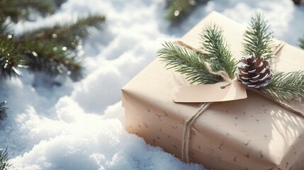 Eco friendly Christmas gift box wrapped in paper featuring a tag for personalization and adorned with spruce branches against a snowy backdrop