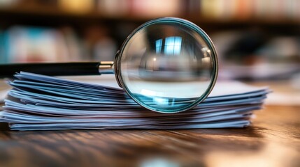Selective focus on a magnifying glass resting on a dense stack of paperwork