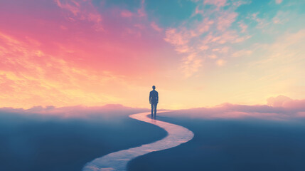  A solitary figure on a winding, arrow-shaped path climbs toward a serene sky, symbolizing ambition and growth. Career growth and personal development concept.