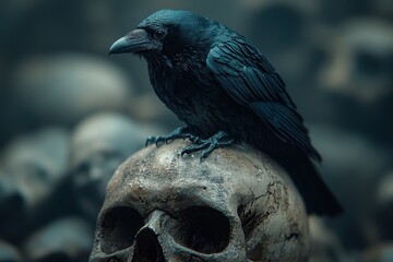 Fototapeta premium Hyper-Realistic Octane Render of a Black Raven Perched on an Old Skull – Dark Background with Studio Lighting