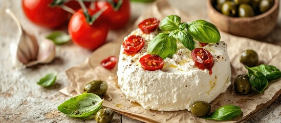 Ricotta Cheese Homemade Ricotta Cheese With Basil Garlic Tomatoes And Green Olives On Parchment Paperback And Stand On Old Beige Tiles Background Italian Food Selective Focus