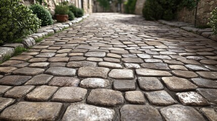 A charming stone pathway featuring cobblestones and bricks showcasing architectural heritage and providing a textured backdrop for urban settings