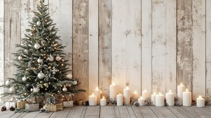Wooden wall adorned with winter holiday decor featuring a Christmas tree and candles complemented by a blank white brick background