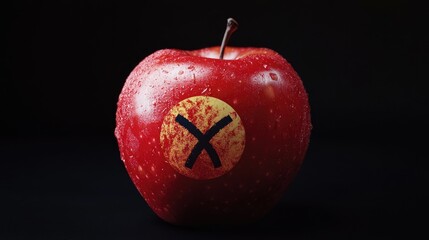 Concept illustrating pesticide residues in agricultural food products harmful to humans featuring a red apple adorned with a poison symbol sticker against a black background