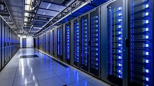A long hallway with rows of server racks in a data center