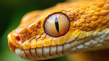 Fototapeta premium Close up of a snake s intricate slit pupil eye showcasing vivid textured scales amidst a rich green environment
