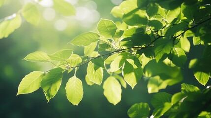 Soft sunlight shines through vibrant green leaves creating a serene natural backdrop