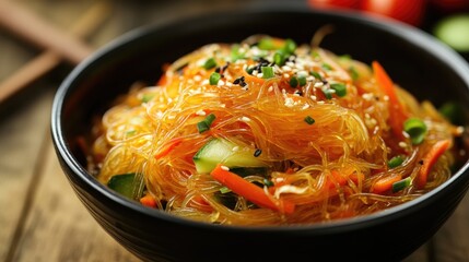Spicy glass noodles mixed with an assortment of vegetables including carrots cucumber and peppers enhanced with garlic