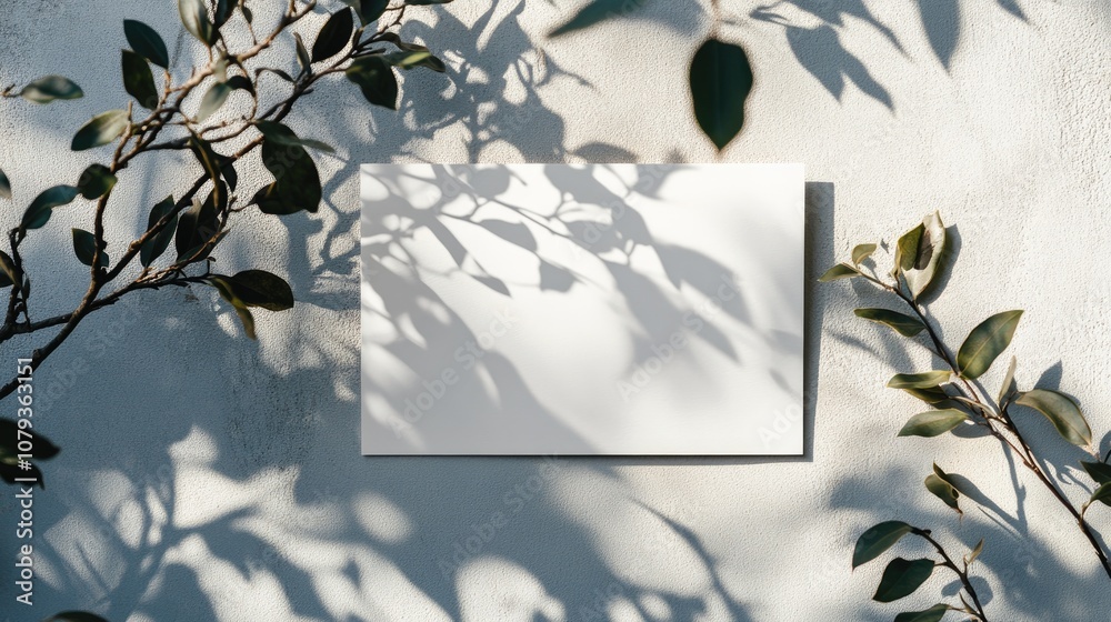 Poster empty vertical and horizontal card mockups with soft shadows of tree leaves and branches on a neutra