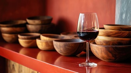 A wine glass filled with red wine rests on a red countertop beside a pile of wooden bowls