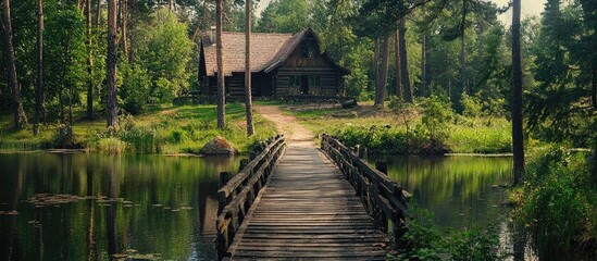 Fototapeta premium Wooden Bridge Over The Lake To The House