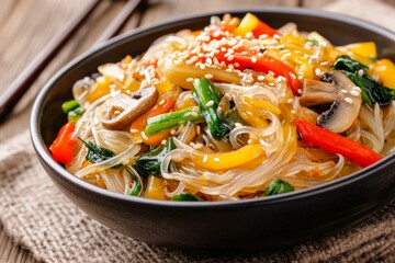 Delicious bowl of Korean glass noodles with stir-fried vegetables and sesame seeds on rustic wooden table