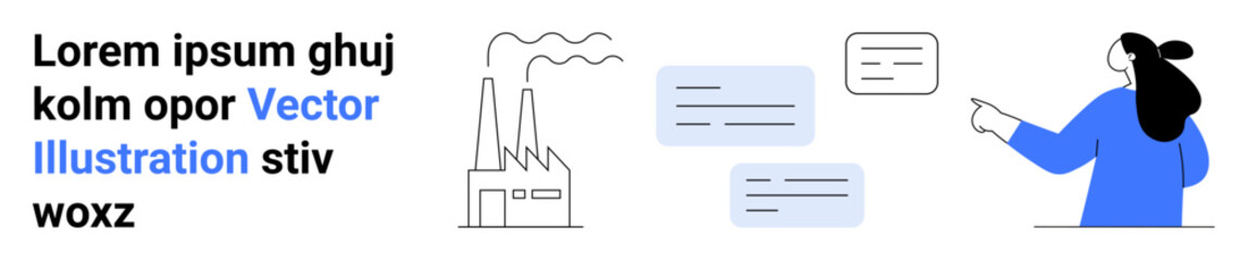 Person pointing at speech bubbles with text next to an industrial factory icon emitting smoke. Ideal for manufacturing, production planning, industrial seminars, educational content, technical