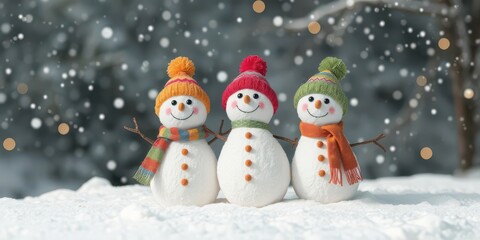 Three happy and funny marshmallow snowmen playing in the snow, wearing colorful hats and scarves, snow