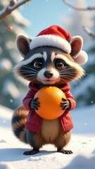 Cartoonish cute racoon in christmas hat holding big orange on sunny winter day. Christmas and new year card concept