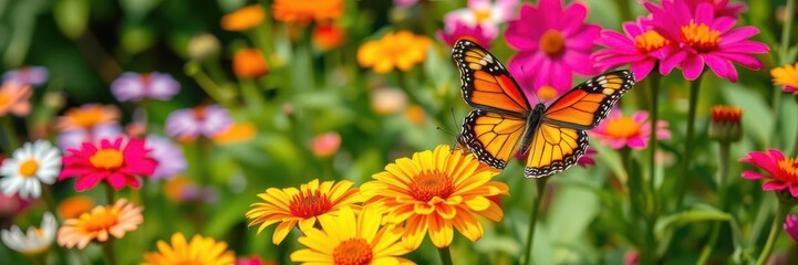 Fototapeta premium Two vibrant butterflies sitting on colorful flowers in a lush garden, wildlife, pollination