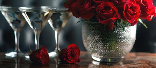 Cocktail Glass And Vase With Red Roses