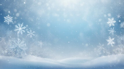Naklejka premium Merry Snowfall Mirage Soft, dreamy snowflakes gently falling on a blurred, frosty blue and white background, evoking a tranquil winter wonderland. 