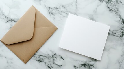 Blank white card accompanied by a kraft brown paper envelope resting on a marble surface