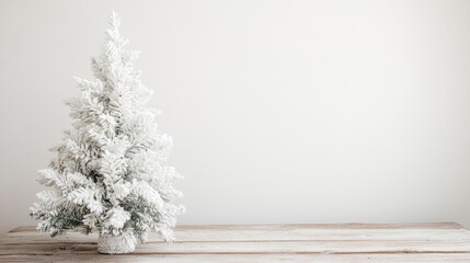 White Christmas tree placed on a wooden table featuring ample space for text or other content