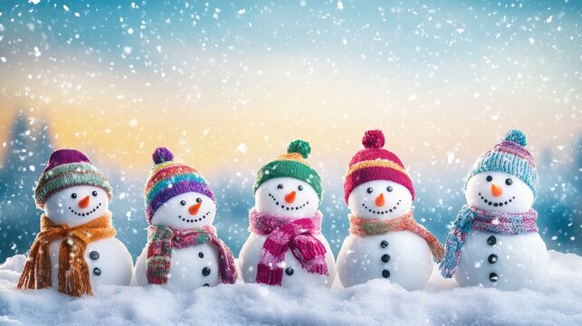 Festive winter holiday background featuring a group of cheerful laughing snowmen dressed in colorful hats and scarves against a snowy landscape