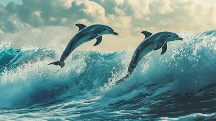 Dolphins leap above crashing waves showcasing marine life in its natural environment