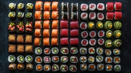 Bird s eye view of an array of sushi rolls on a dark surface A selection of sushi displayed against a black background
