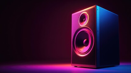 Vibrant neon stereo speaker against a dark backdrop designed for showcasing sound and audio...