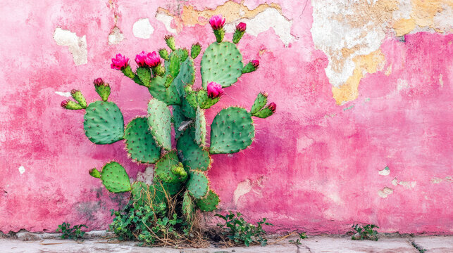 Pink cactus flowers pop against a faded pink wall in the city