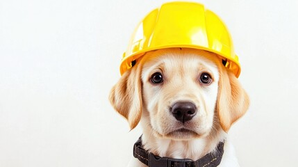 Adorable Labrador puppy wearing a vibrant yellow construction helmet against a clean white backdrop