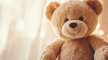 Obraz premium Close up of a cheerful teddy bear against a soft light backdrop
