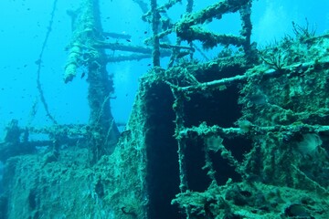 Rusty metal structure with the marine life and fish, underwater shipwreck. Adventure travel photography from scuba diving, deep wreck exploration. Sunken boat in the deep blue ocean.