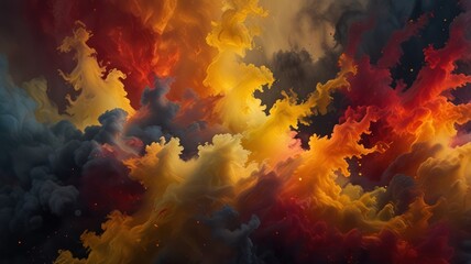 Abstract colorful cloudscape with swirling and flowing forms in shades of red, orange, yellow, and gray.