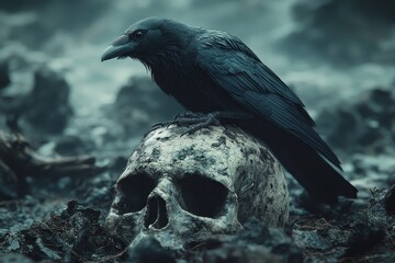 Fototapeta premium Hyper-Realistic Rendering of a Black Raven Perched on a Skull – Dark Background with Octane Rendering
